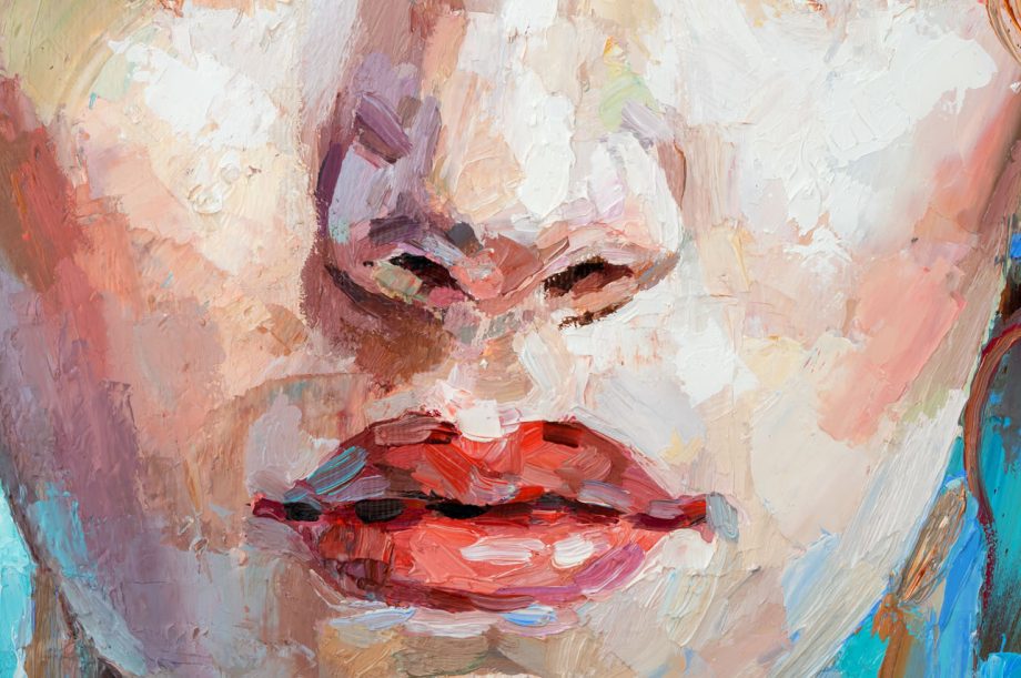 Fragment of art painting. Portrait of a girl with blond hair is made in a classic style.
A woman's face with red lips.