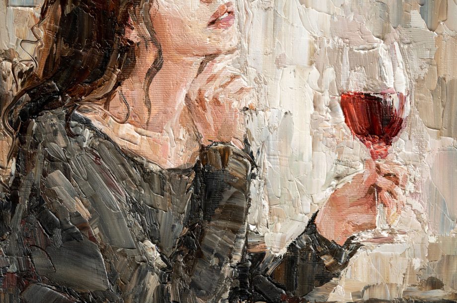 Beautiful attractive young woman holding a glass of wine. Oil painting on canvas.